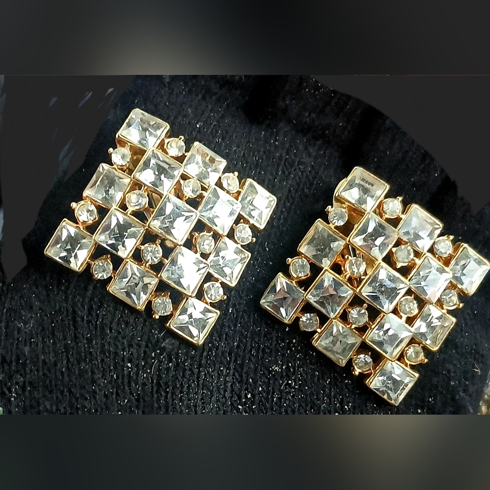 80s Glam Oversized Vintage Square Rhinestone Clip-on Earrings